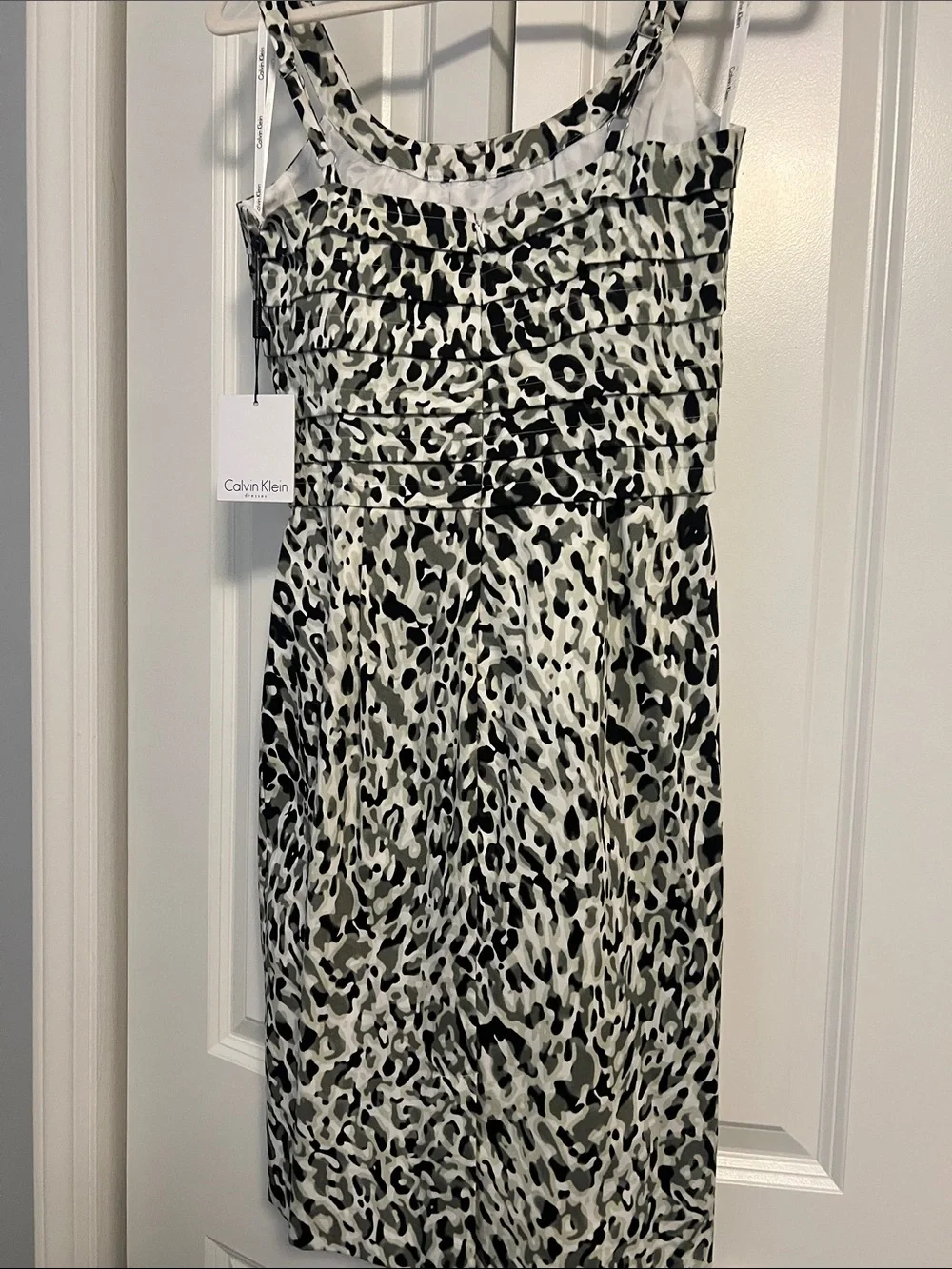 Calvin Klein Black and White Leopard-Print Spaghetti Strap Mini Dress